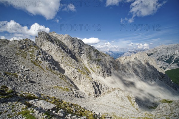 At the Hafelekar, view from the Karwendelblick of the Innsbruck Nordkette to the Karwendel mountains of the Alps, Alpine landscape, Innsbruck, Tyrol, Austria, Europe