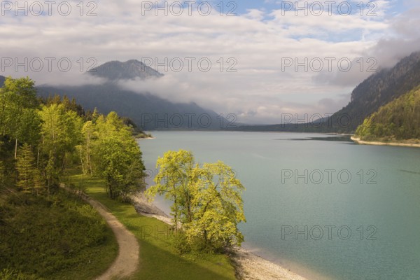 Early morning at the Sylvenstein reservoir, Reservoir in the Isarwinkel, municipality of Lenggries, built between 1954 and 1959 for flood protection in the Isar valley