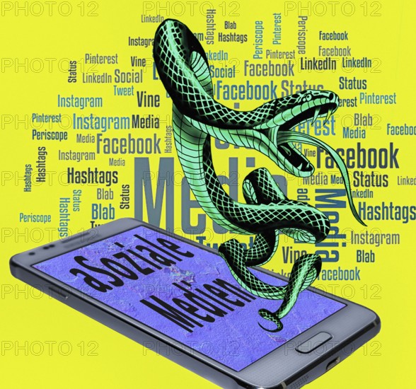 Symbolic image, poisonous snake as (a) Social media, mobile phone, smartphone, socialmedia, Elon Musk, Mark Zuckerberg, Donald Trump, extreme freedom of expression, denial of facts, Industry 4.0, data traffic, @ sign. Mail traffic, AI, ChatGBT, AI, OpenAI, chatbot, artificial intelligence, artificial intelligence, IT system, computer science, AI learning, IT technology, computer system, software, Apple, Google, Microsoft, creativity, questionable security, AI research, voice robots, algorithm