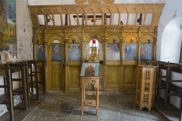 Iconostasis in an orthodox church with religious icons and a calm, spiritual atmosphere, Makrinitsa, balcony of Pilio, Municipality of Volos, Pilio Mountains, Thessaly, Greece, Europe