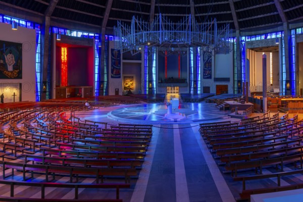 Modern interior of Roman Catholic cathedral church, Metropolitan Cathedral of Christ the King, city of Liverpool, England, UK