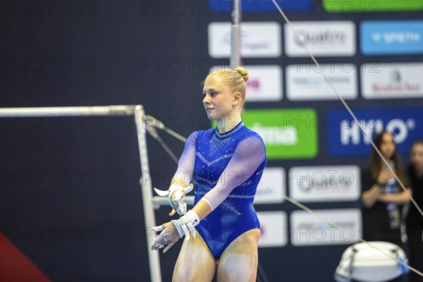 Olympic qualification in apparatus gymnastics in Rüsselsheim Picture: Lea Quaas after her routine on the uneven bars