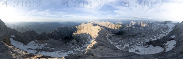 Alpine panorama, aerial view, Zugspitze and Zugspitzplatt with glacier, high mountains, Bavaria, Germany, Europe