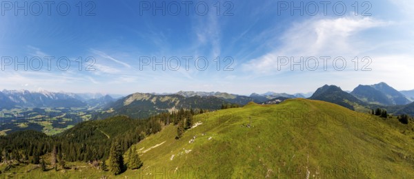 Drone shot, At the summit of the Taborberg with a view of the Lammertal and Tennengebirge mountains, Osterhorn group, Salzkammergut, Salzburg province, Austria, Europe
