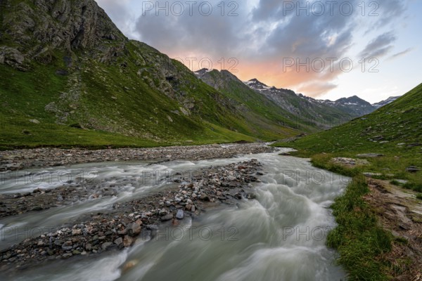 Umbaltal valley with Isel mountain stream at sunset, Venediger Group, Hohe Tauern National Park, East Tyrol, Tyrol, Austria, Europe