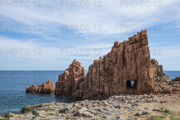 Red rocks by the sea, porphyry rocks, Arbatax, Tortolì, Province of Ogliastra, Sardinia, Italy, Europe
