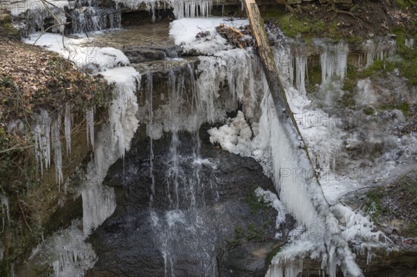 Frozen waterfall, Haimendorf, Middle Franconia, Bavaria, Germany, Europe