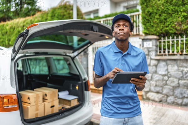 African young delivery man using digital table while delivering parcels with van
