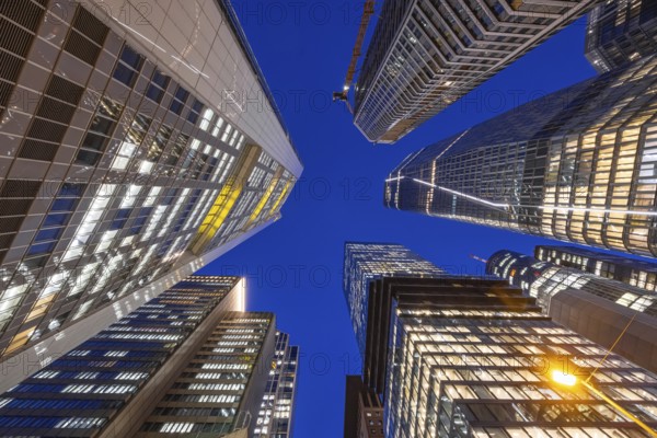 The lights in the offices of Frankfurt's banking skyline glow in the evening. Frankfurt am Main, Hesse, Germany, Europe
