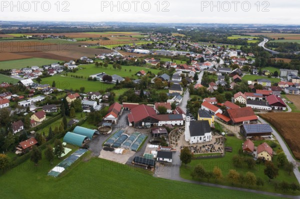 Drone image, residential buildings, view of village with church, Antiesenhofen, Innviertel, Upper Austria, Austria, Europe