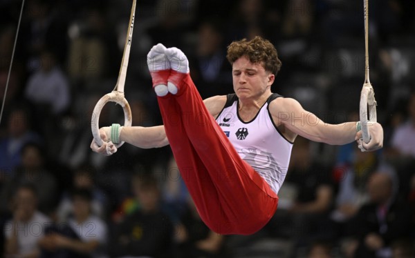 Alexander Kurz GER rings action gymnastics, EnBW DTB-Pokal, Porsche-Arena, Stuttgart, Baden-Württemberg, Germany, Europe