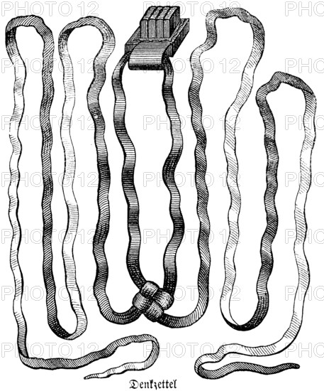 The memorandum, phylactery, is a strip of parchment on which Bible verses are written, a sophrim, a scribe, is used for writing, this memorandum is worn on the forehead, Bible, historical illustration, Biblisches Handwörterbuch 1862