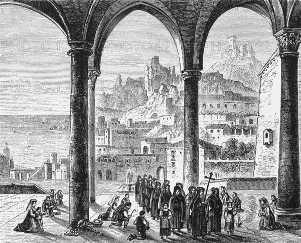 View from a basilica with colonnaded courtyard onto the coast of Amalfi on the Mediterranean, procession of monks, steep mountainous coast, Campania, Italy, historical illustration 1882, Europe