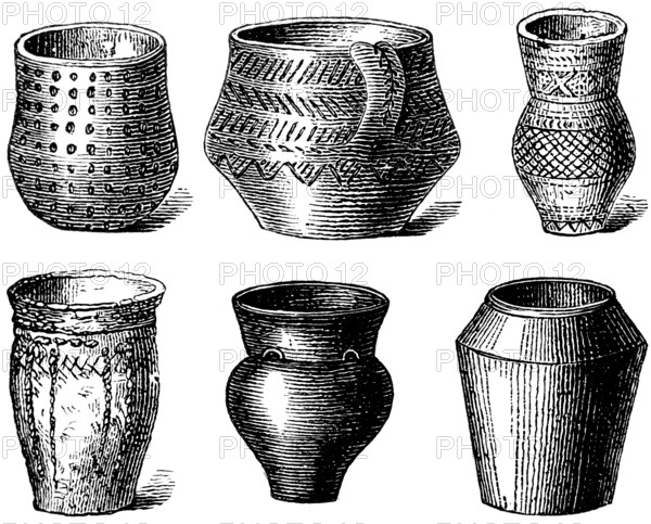 Clay vessels used as grave goods in the English barrows, clay pots in various shapes with ornaments, history of prehistoric mankind, Emgland, historical illustration 1880