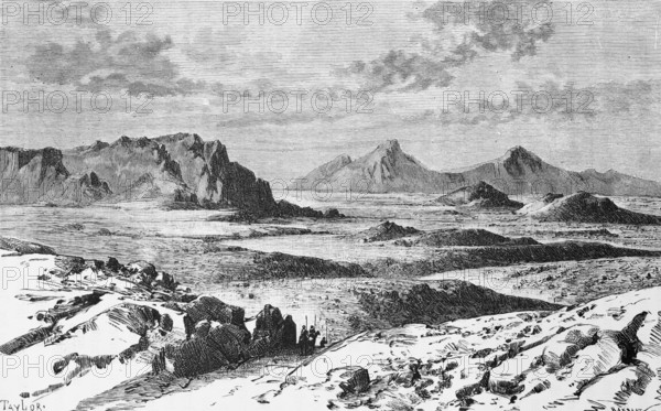 Mountain landscape of the Gobi Desert, arid region in Central Asia, natural area, wasteland, aridity, lack of water, sparse vegetation, travelling in Asia, Mongolia, China, historical illustration 1887, Asia