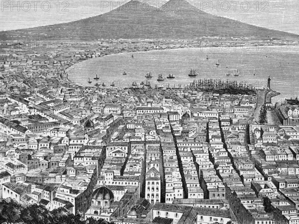 View of the city of Naples, the Gulf of Naples and Mount Vesuvius, view from above, houses, streets, ground plan, Mediterranean Sea, geography, historical illustration 1888