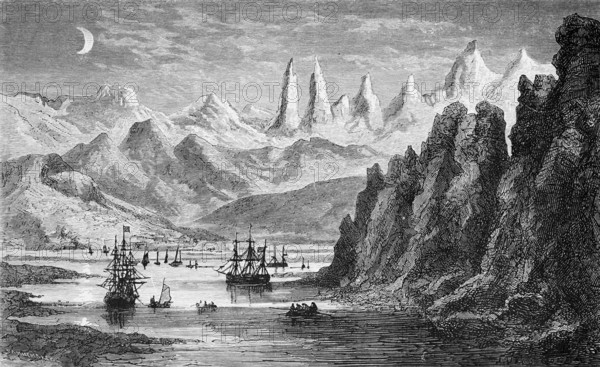 A fjord in the Lofoten at night, half moon, sailing ships, three-masters, rowing boats, mountain landscape, North Sea, geography, Norway, historical illustration 1888, Europe