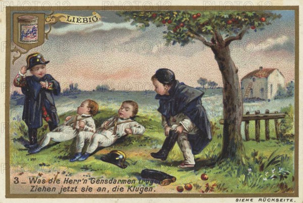 Picture series Children as fruit thieves, what the gendarmes wore, they now wear, the clever ones, Liebig picture, digitally restored reproduction of a collective picture from around 1900, public domain, exact date unknown, Three gendarmes watch two children relaxing in a meadow