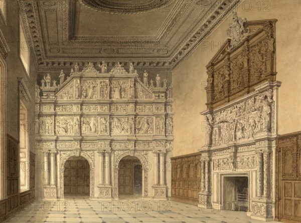 Interior view of the hall at Burton Agnes, Yorkshire, the Seat of Sir Francis Boynton Bart, England, digitally restored reproduction of a 19th-century original by John Buckler, Record date not stated, Interior View of the hall at Burton Agnes, Yorkshire the Seat of Sir Francis Boynton Bart, digitally restored reproduction of a 19th-century original, Record date not stated
