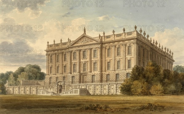 South West View of Chatsworth House, Derbyshire, the Seat of His Excellency the Duke of Devonshire, England, digitally restored reproduction of a 19th-century original by John Buckler, Record date not stated, South West View of Chatsworth House, the Seat of His Grace the Duke of Devonshire, digitally restored reproduction of a 19th-century original, Record date not stated