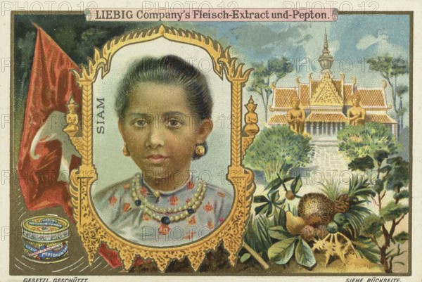 Series Children from foreign countries, Siam, Thailand, Liebig picture, digitally restored reproduction of a collector's picture from ca 1900, public domain, exact date unknown, Siamese woman in front of an Asian temple and natural surroundings, Asia