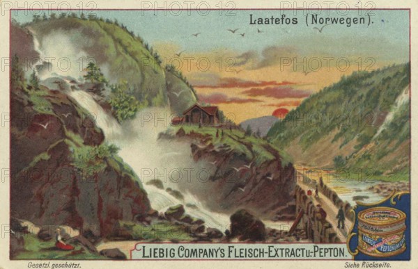 Picture series Waterfalls of the World, The Laatefos, Latefossen, in Norway, Liebig picture, digitally restored reproduction of a collector's picture from about 1900, public domain, exact date unknown, Norwegian waterfall Laatefos in mountainous landscape at sunset