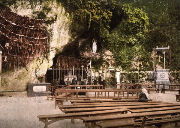 The Grotto of Massabielle, the destination of the Lourdes pilgrims, Apparition Grotto, Grotto of the Virgin Mary, Lourdes, France, ca 1890, Historical, digitally restored reproduction from a 19th century original, Record date not stated, Europe