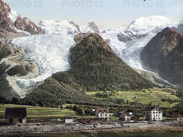 Chamonix resort and Bossons glacier, Switzerland, digitally restored reproduction from a 19th century original, record date not stated, Chamonix resort and Bossons glacier, Switzerland, digitally restored reproduction from a 19th century original, record date not stated, Europe