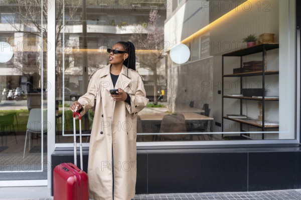 Stylish businesswoman holding smartphone and pulling rolling luggage while arriving at a hotel on a business trip