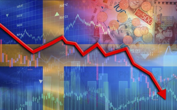 Sweden financial fall on economy market. Sweden financial crisis on economic graph