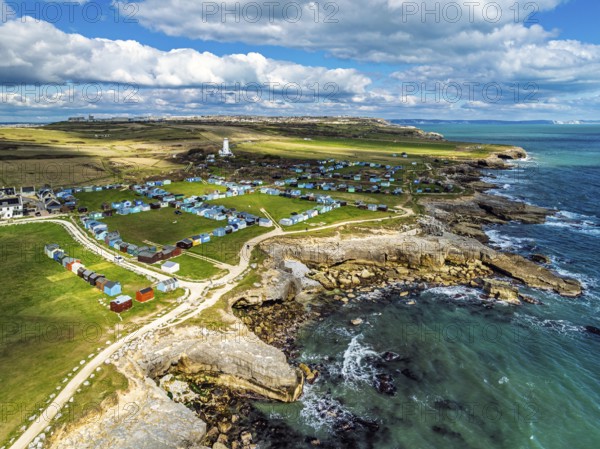 Portland Bird Observatory from a drone, Bill Lighthouse, Portland Bill, Isle of Portland, Dorset, England, United Kingdom, Europe