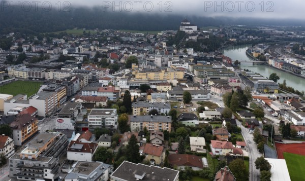 Drone image, residential buildings, city view, Kufstein, Tyrol, Austria, Europe