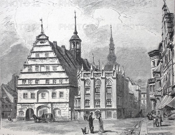 Market square and town hall of Greifswald, around 1900, Germany, reproduction of an original, historical, Europe