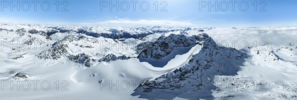 Alpine panorama, aerial view, mountain peak Piz Kesch and glacier Vadret da Porchabella, Albula Alps, Rhaetian Alps, Grisons, Eastern Switzerland, Switzerland, Europe