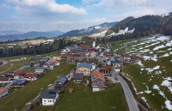 Drone image, residential buildings, settlement area, parish church, Riefensberg, Bregenzerwald, Vorarlberg, Austria, Europe