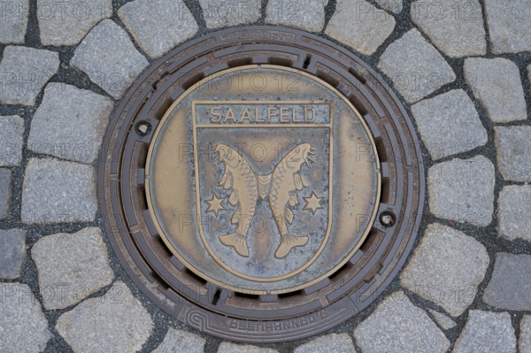 Municipal manhole cover with the coat of arms of Saalfeld, Kulmbach, Upper Franconia, Bavaria, Germany, Europe