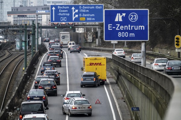 Traffic jam on the A40 motorway due to a rear-end collision in the right-hand lane, looking east, Essen, North Rhine-Westphalia, Germany, Europe