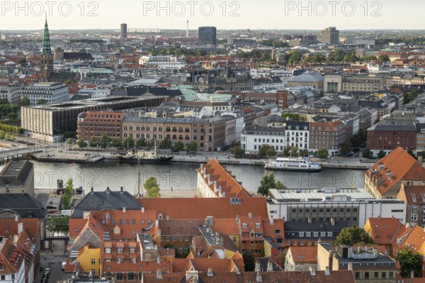 View from Vor Frelsers Kirke to Christianshavn district and city centre of Copenhagen, Copenhagen, Denmark, Europe