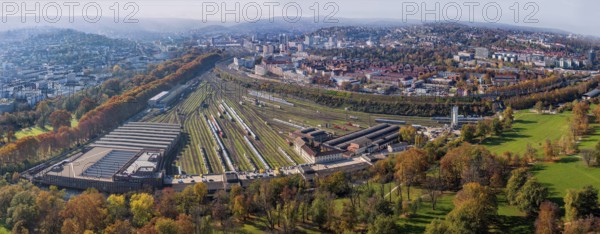 Track apron at the main railway station, Europaviertel Stuttgart. After completion of the Stuttgart 21 project, flats and the new Rosenstein neighbourhood are to be built here. Urban development. Aerial view, panoramic photo. Stuttgart, Baden-Württemberg, Germany, Europe