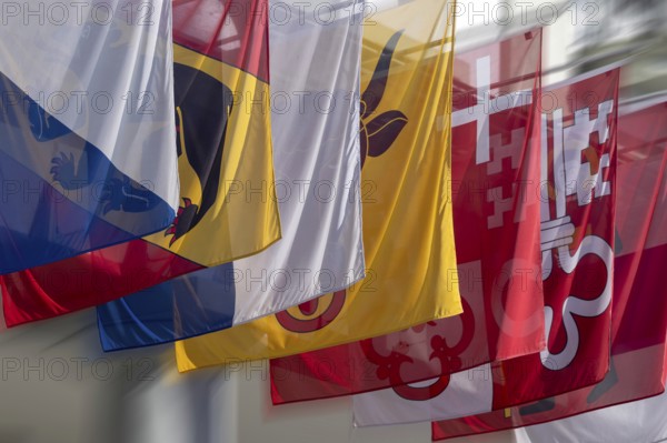 Symbolic photo of the cantonal flags of Zurich, Bern, Lucerne, Uri, Schwyz, Nidwalden, Glarus, Switzerland, Europe