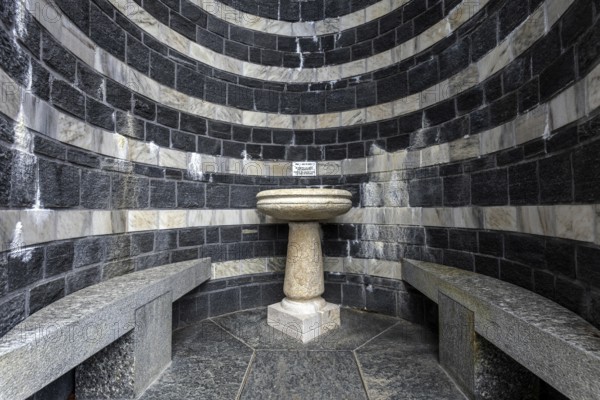 Fountain, outdoor fountain, Chiesa di San Giovanni Battista, architect Mario Botta, Mogno, near Fusio, Lavizzara, Canton Ticino, Switzerland, Europe