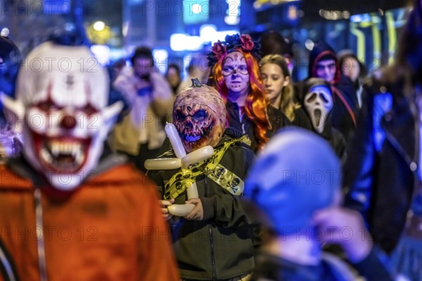 The Zombiewalk in Essen, on Halloween several hundred people, some dressed as scary zombies, undead, walked from the main railway station to the district of Rüttenscheid, North Rhine-Westphalia, Germany, Europe