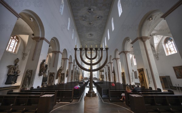 Interior of St Kilian's Cathedral, menorah in the centre aisle of the cathedral, created by Andreas Moritz, 1981, Würzburg, Lower Franconia, Bavaria, Germany, Europe