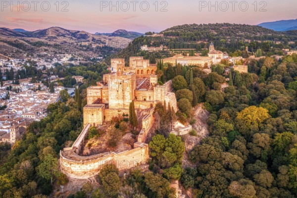 Aerial view of an Alhambra surrounded by trees at sunset in hilly terrain, Granada