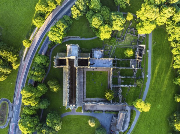Top Down over Kirkstall Abbey from a drone, Kirkstall, River Aire, Leeds, West Yorkshire, England, United Kingdom, Europe