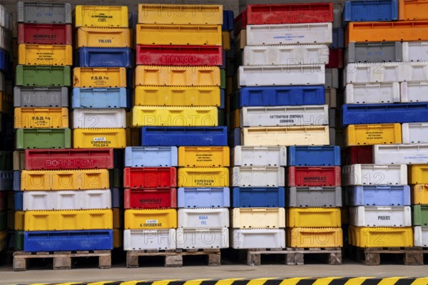 The town harbour of Sassnitz, island of Rügen, boxes of fish waiting for the new catch, at the fishing harbour, Mecklenburg-Vorpommern, Germany, Europe