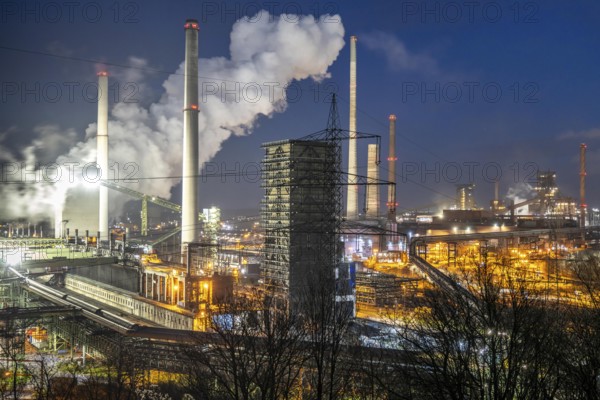 The Thyssenkrupp Steel steelworks in Duisburg-Marxloh, on the Rhine, quenching tower of the coking plant, blast furnaces 1 and 2, right, North Rhine-Westphalia, Germany, Europe