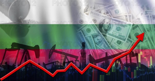 Oil pumps with Bulgaria flag. Oil production with flag of Bulgaria, petroleum industry
