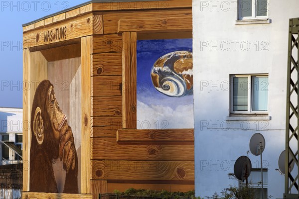 Wall painting Was tun Fragezeichen by Klaus Klinger, street art, Vinzenzplatz, Düsseldorf, North Rhine-Westphalia, Germany, Europe