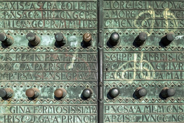 Sint-Theodarduskerk, Mijnkathedraal, St. Theodard Church, close-up of bronze door, Beringen-Mijn, Beringen, Koersel, Limburg, Flanders, Belgium, Europe